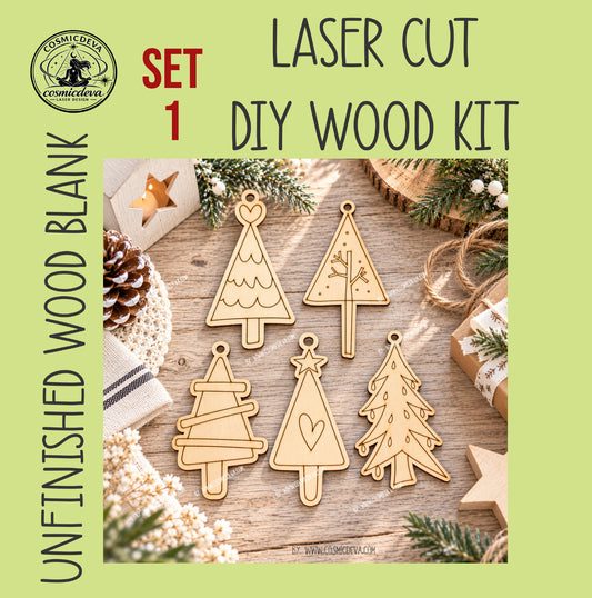 DIY Christmas tree ornaments in sets of 5 or 10. Unfinished birch wood ornaments to paint—perfect for kids, families, paint parties and holiday crafts. By Cosmicdeva