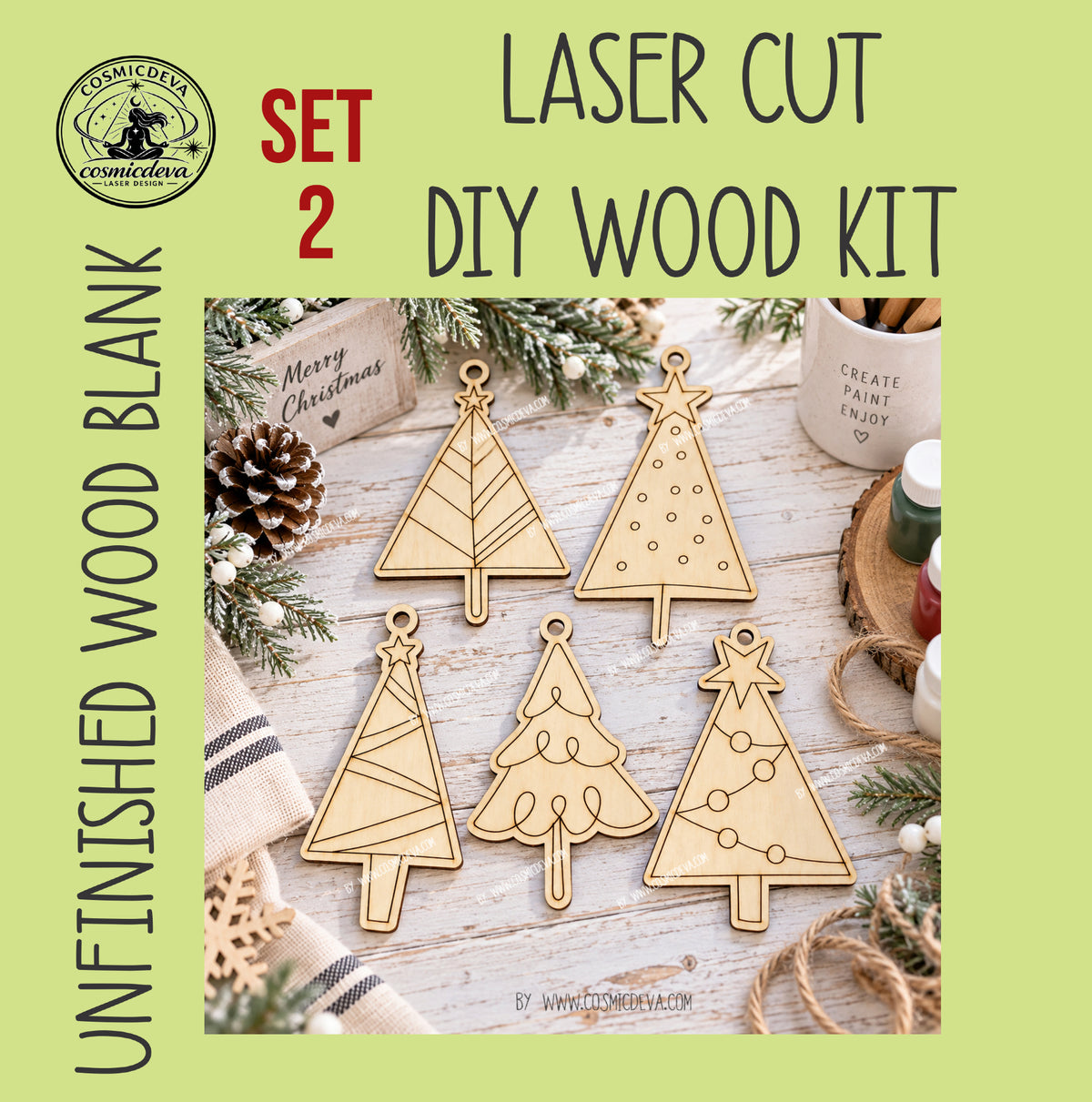 DIY Christmas tree ornaments in sets of 5 or 10. Unfinished birch wood ornaments to paint—perfect for kids, families, paint parties and holiday crafts. By Cosmicdeva