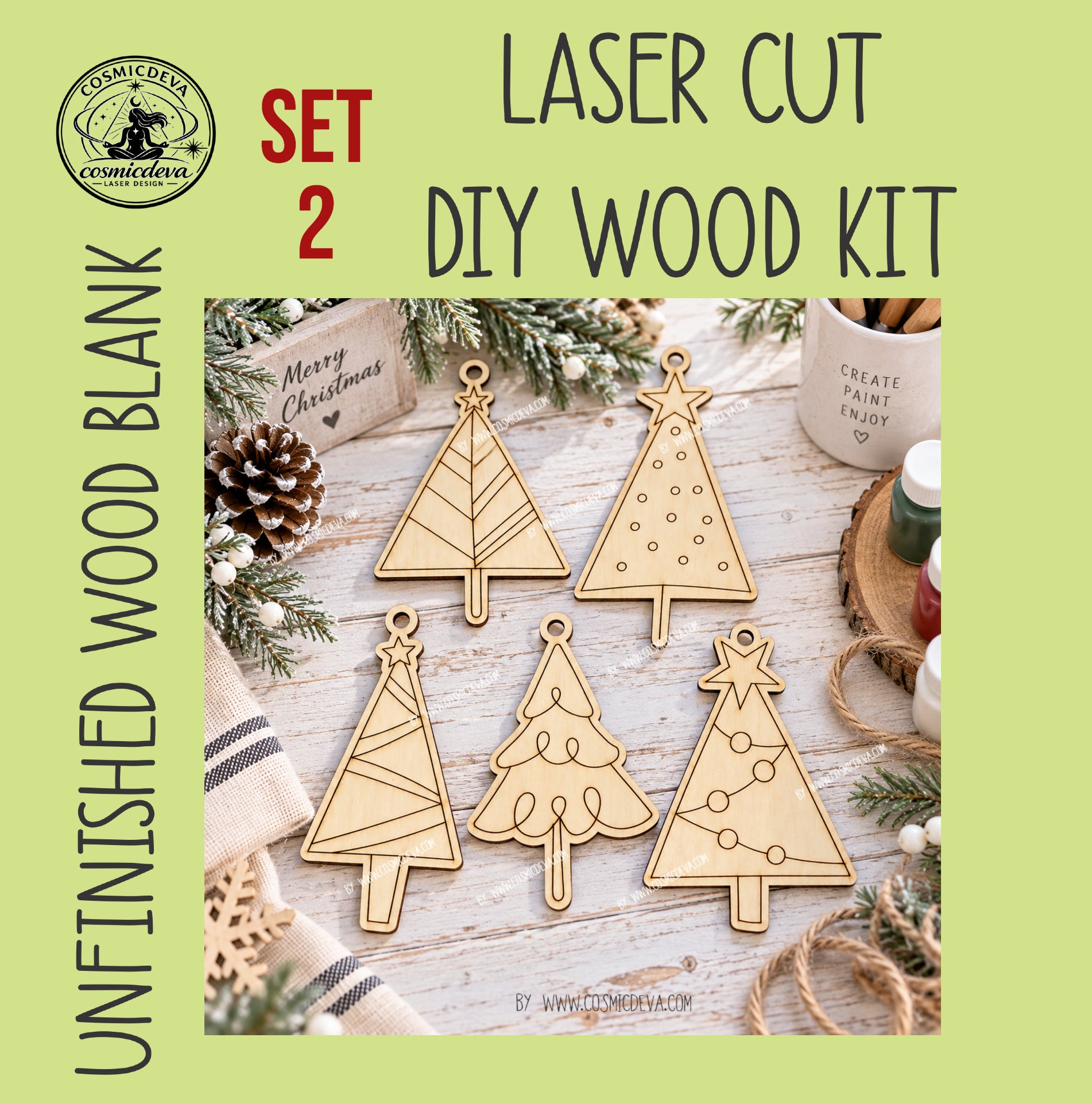 DIY Christmas tree ornaments in sets of 5 or 10. Unfinished birch wood ornaments to paint—perfect for kids, families, paint parties and holiday crafts. By Cosmicdeva