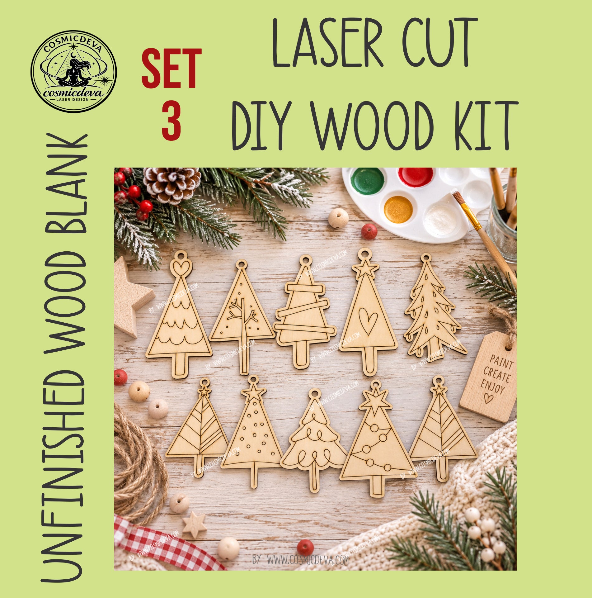DIY Christmas tree ornaments in sets of 5 or 10. Unfinished birch wood ornaments to paint—perfect for kids, families, paint parties and holiday crafts. By Cosmicdeva