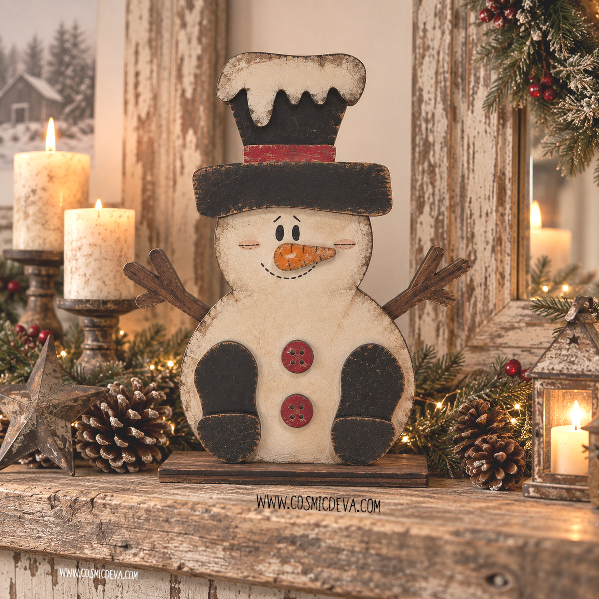 Handmade rustic wooden snowman shelf sitter, laser cut from birch wood and hand-painted. Charming farmhouse Christmas mantel and shelf decor. By Cosmicdeva 