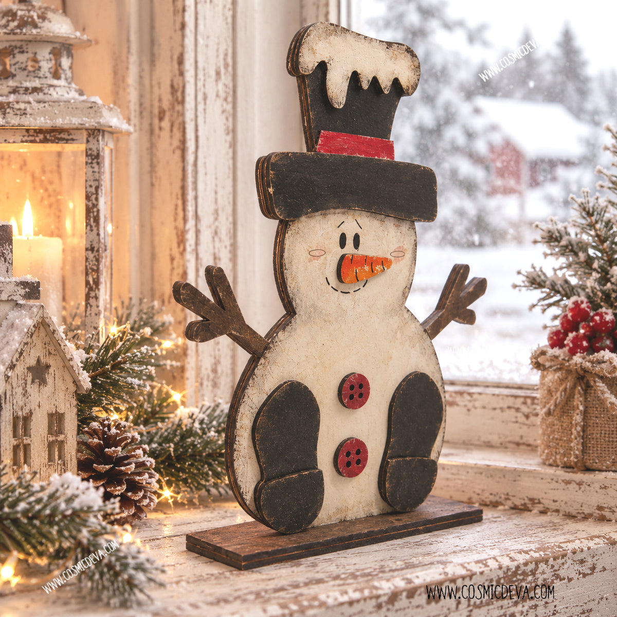 Handmade rustic wooden snowman shelf sitter, laser cut from birch wood and hand-painted. Charming farmhouse Christmas mantel and shelf decor. By Cosmicdeva 