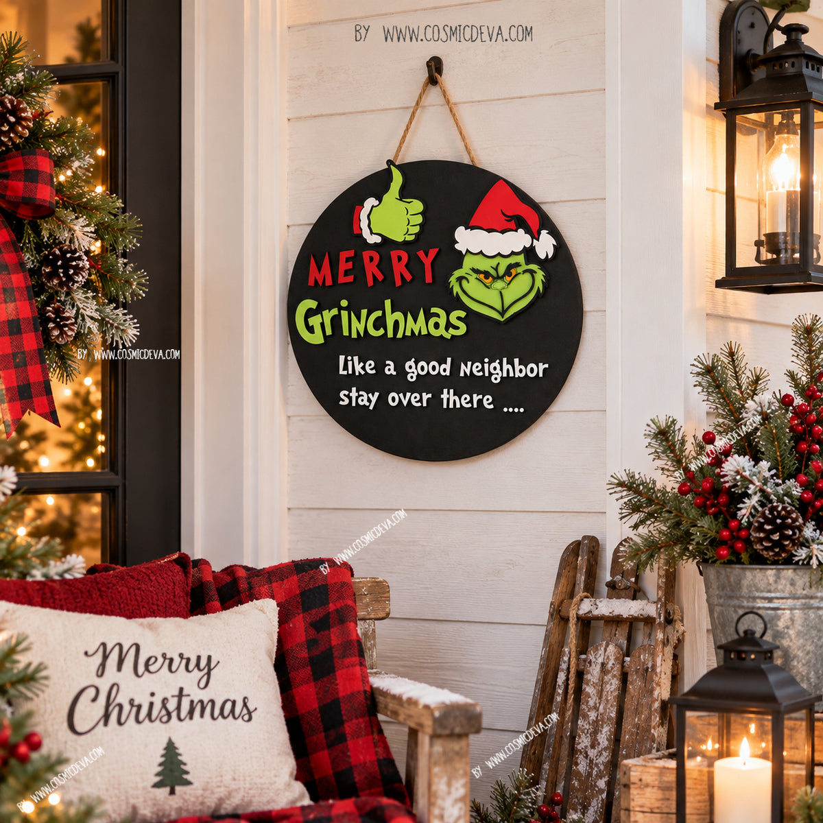 Funny Merry Grinchmas door hanger featuring a layered 14-inch wooden design and cheeky holiday saying. Hand-painted Christmas front door decor.by Cosmicdeva 