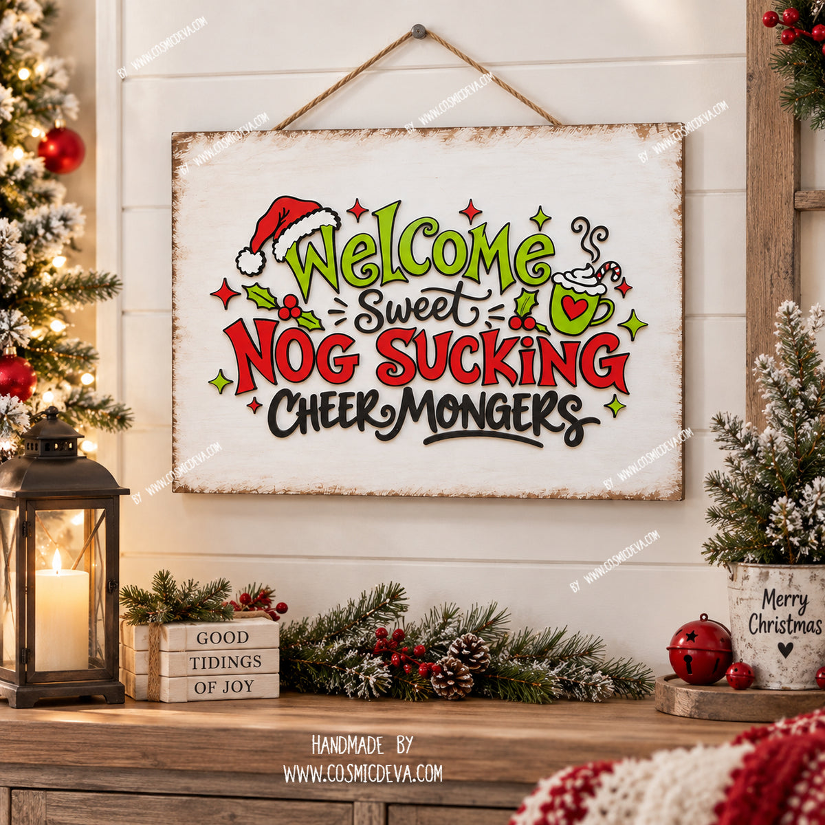 Funny Grinch Christmas wall decor with 3D wooden lettering, hand-painted holiday details and “Nog Sucking Cheer Mongers” saying. 16x12 handmade sign. By Cosmicdeva 