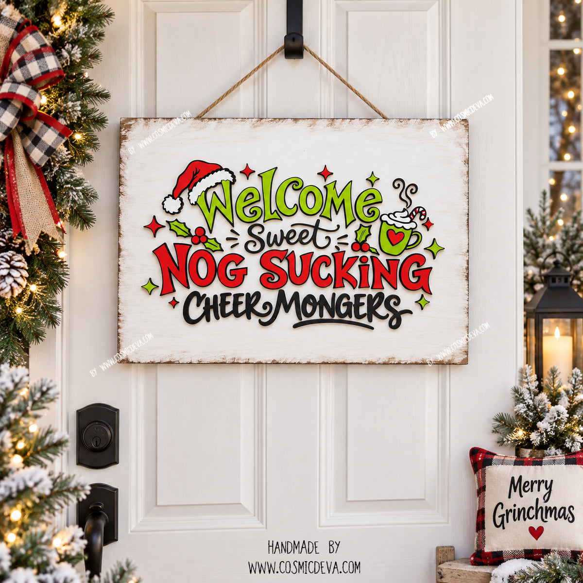 Funny Grinch Christmas wall decor with 3D wooden lettering, hand-painted holiday details and “Nog Sucking Cheer Mongers” saying. 16x12 handmade sign. By Cosmicdeva 
