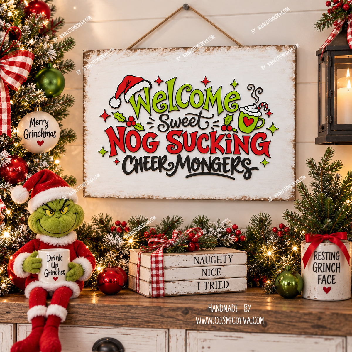 Funny Grinch Christmas wall decor with 3D wooden lettering, hand-painted holiday details and “Nog Sucking Cheer Mongers” saying. 16x12 handmade sign. By Cosmicdeva 