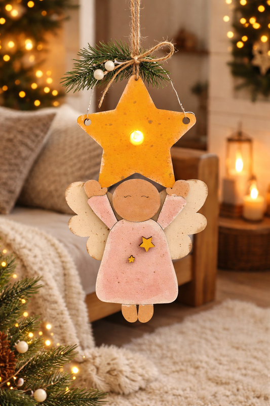 Wooden Primitive Angel Ornament with LED Tealight • Hand Painted Layered Basswood • Rustic Folk Art Christmas Decor - CosmicDeva