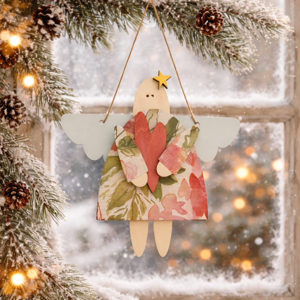Hand Painted Wooden Folk Art Angel Ornament • Layered Christmas Angel • Floral Rustic Holiday Decor - CosmicDeva