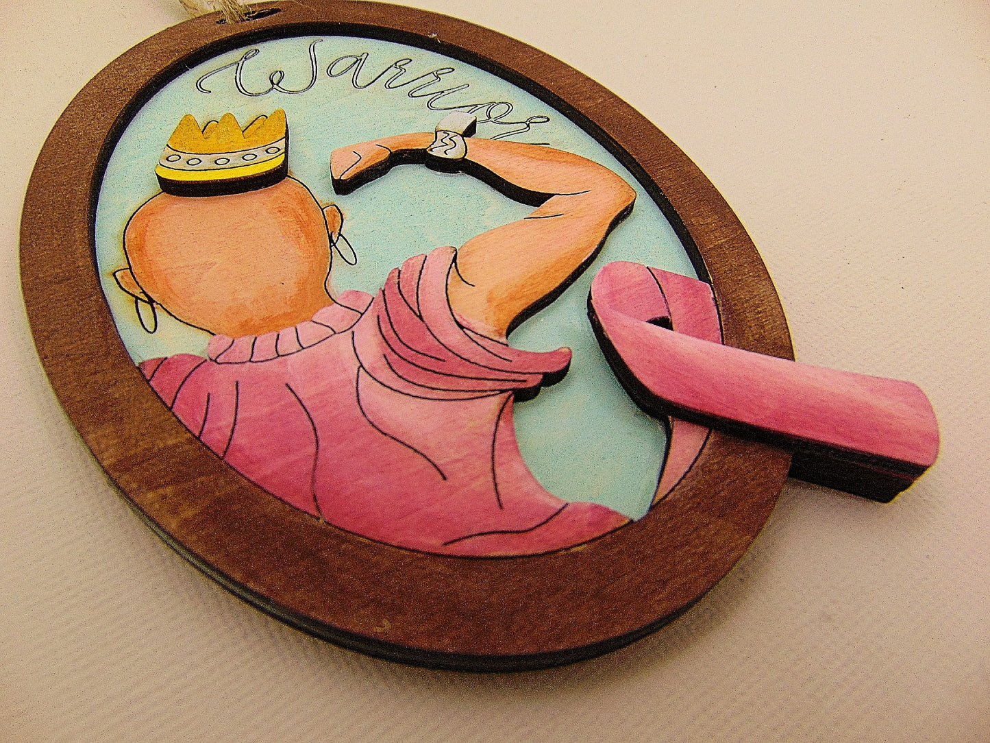 Hand painted Pink Cancer Warrior Ornament. Personalized breast cancer survivor gift with engraved name option. Meaningful awareness keepsake décor.
