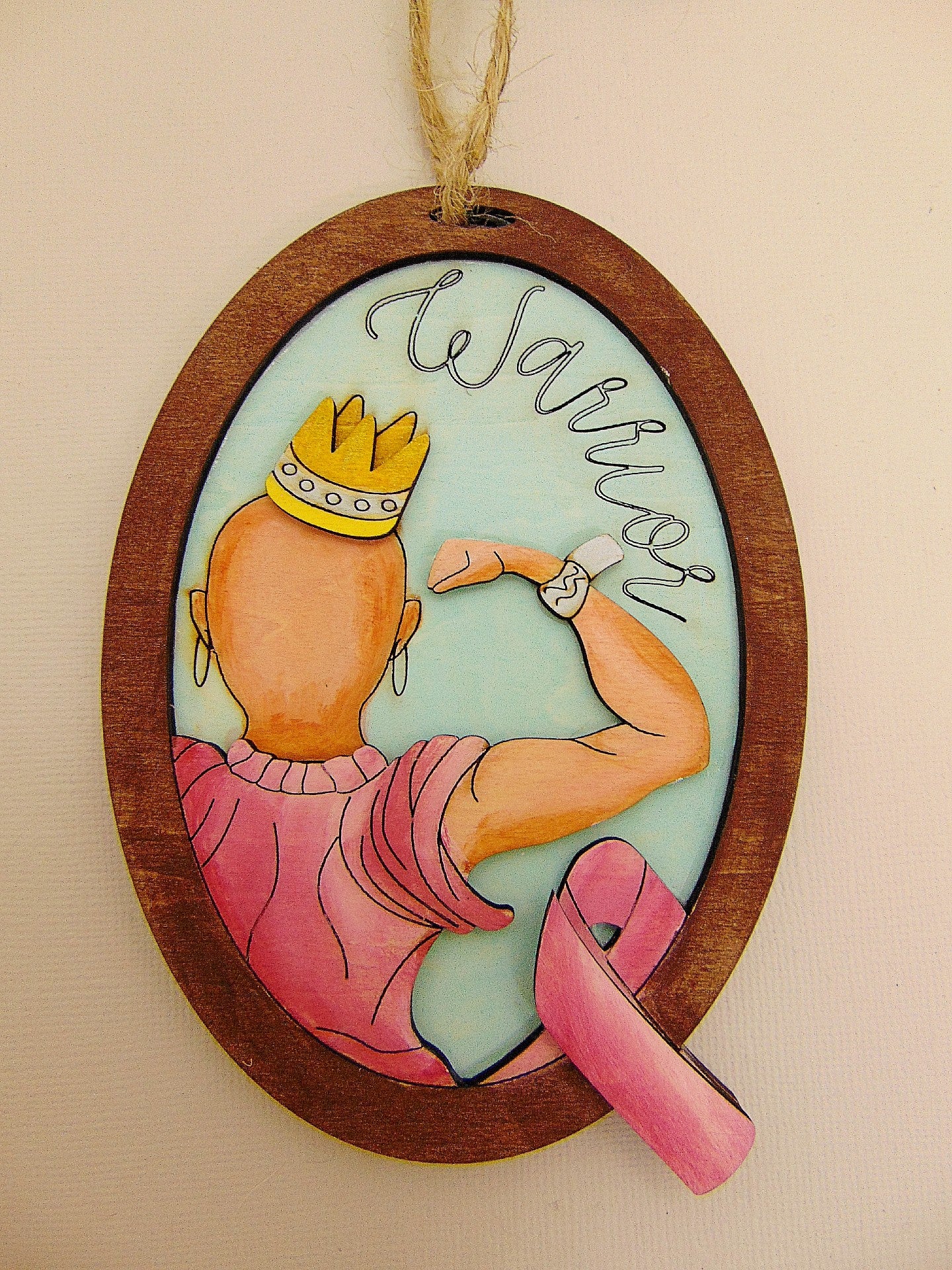 Hand painted Pink Cancer Warrior Ornament. Personalized breast cancer survivor gift with engraved name option. Meaningful awareness keepsake décor.