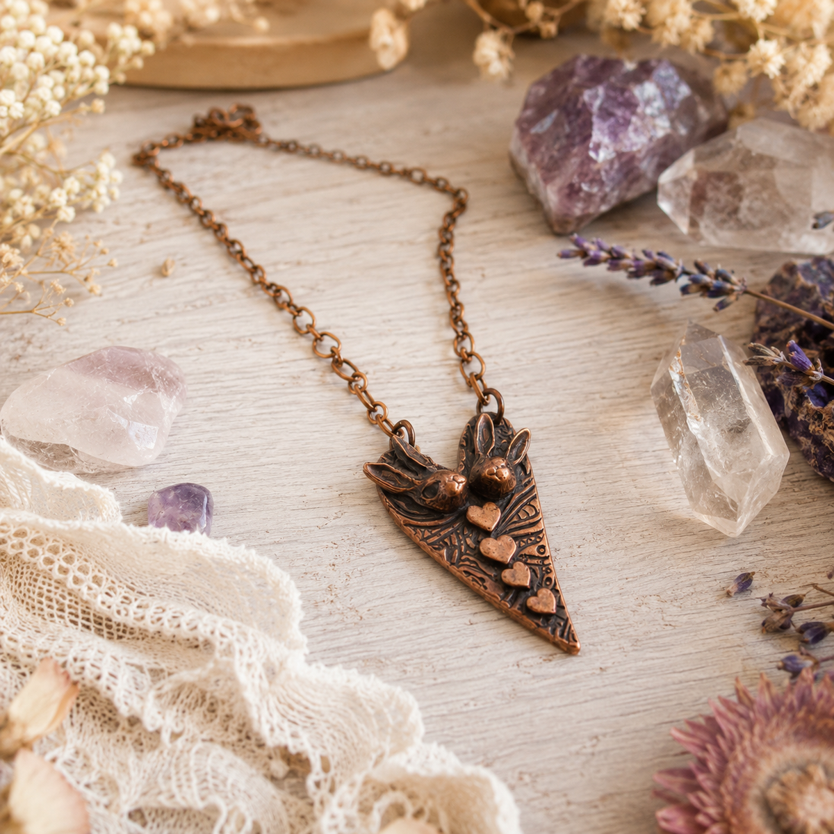 Bunny Love Copper Necklace, Rabbit Heart Pendant, Handmade Bunny Jewelry, Boho Copper Necklace - CosmicDeva