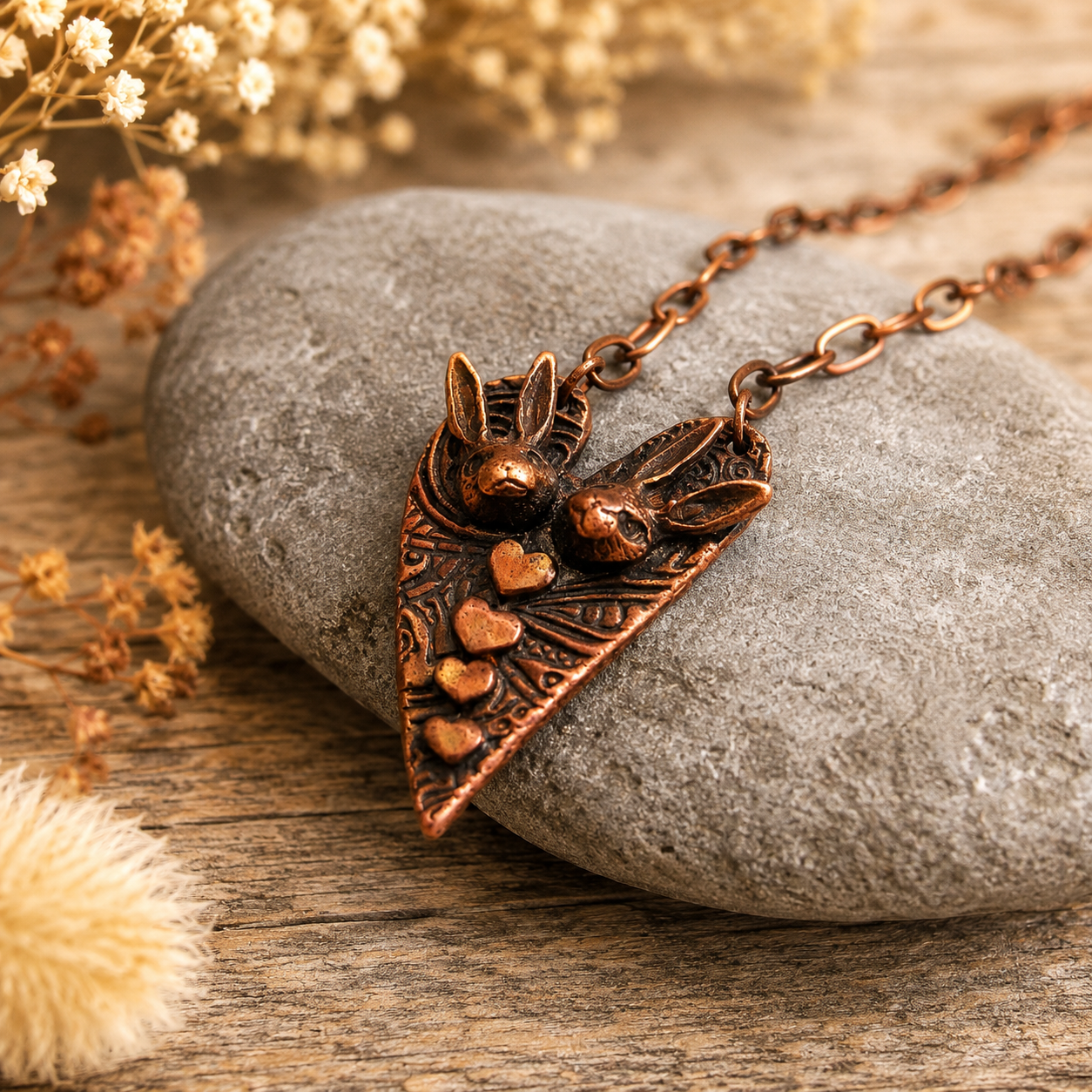 Handmade Bunny Love copper necklace featuring two rabbits and tiny hearts. One-of-a-kind boho rabbit pendant jewelry and romantic gift for her. By Cosmicdeva