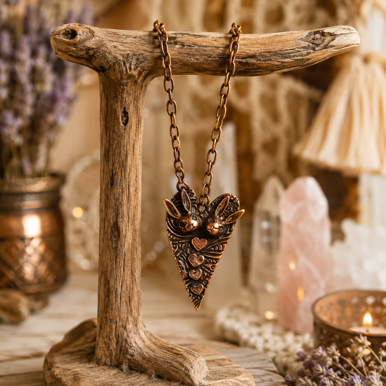 Bunny Love Copper Necklace, Rabbit Heart Pendant, Handmade Bunny Jewelry, Boho Copper Necklace - CosmicDeva