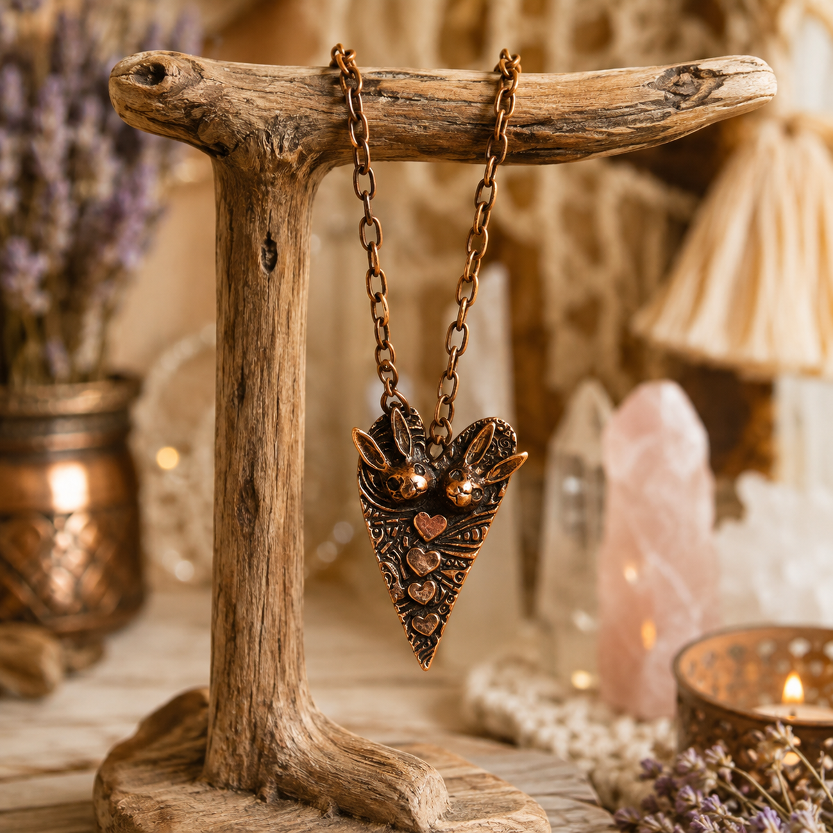 Bunny Love Copper Necklace, Rabbit Heart Pendant, Handmade Bunny Jewelry, Boho Copper Necklace - CosmicDeva