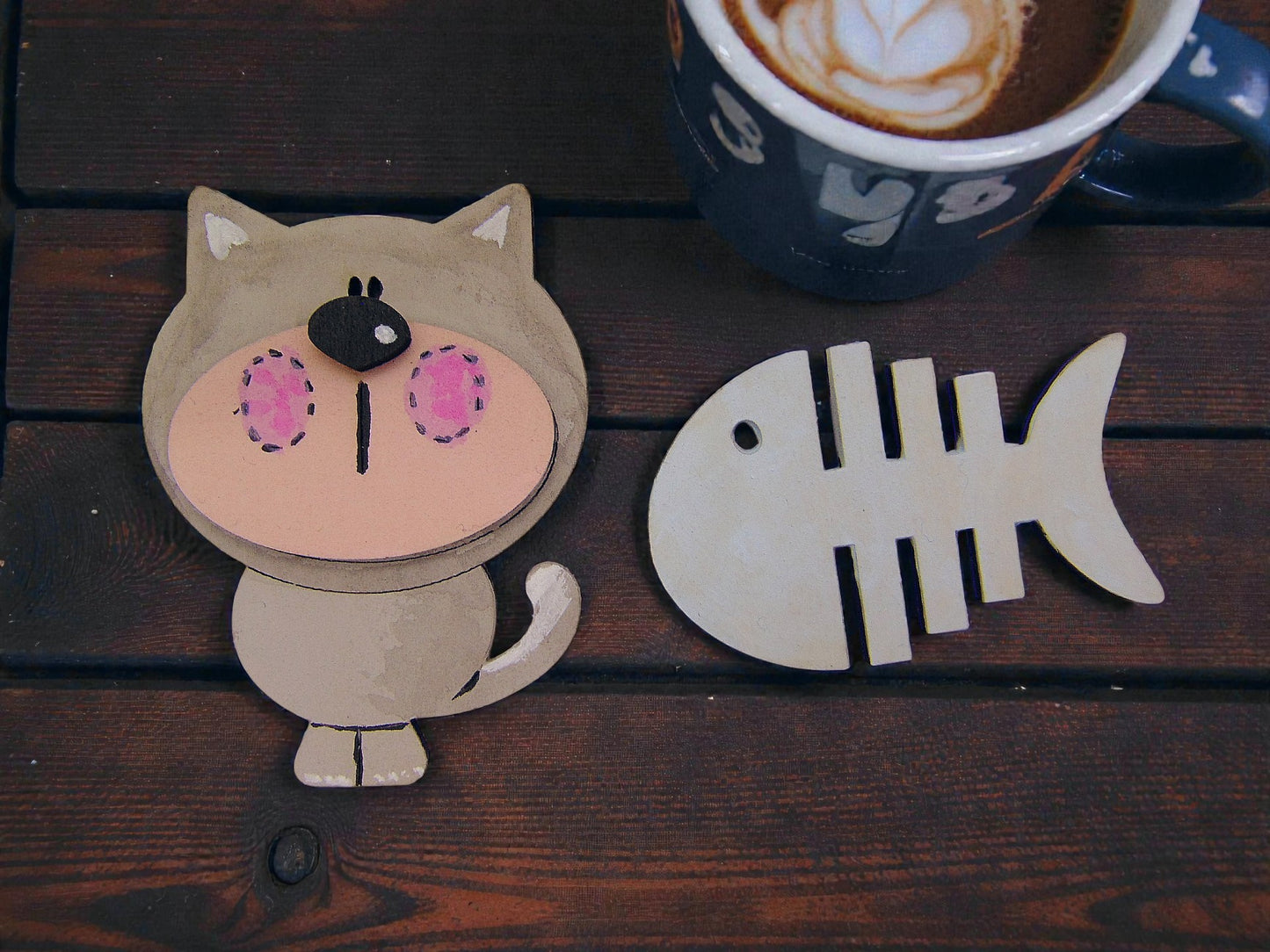 Cute Wooden Cat Magnet, Handmade Kitty Fridge Magnet with Fishbone, - CosmicDeva