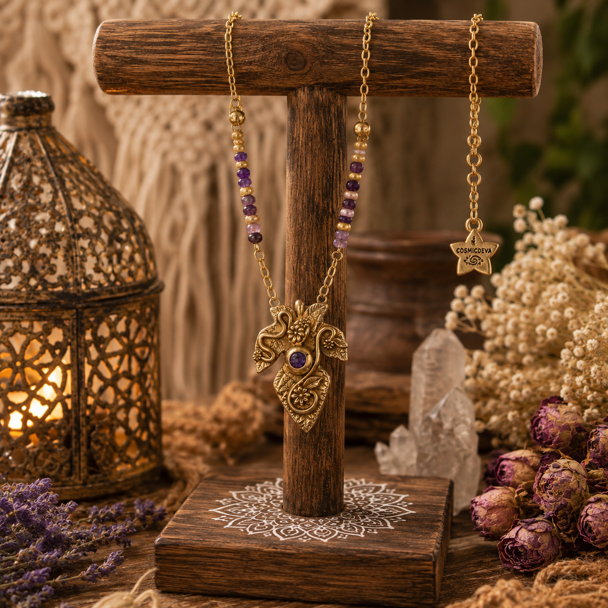 Handcrafted gold bronze fig leaf necklace with natural Lepidolite beads and purple Amethyst CZ. Botanical boho jewelry handmade in the USA. By Cosmicdeva