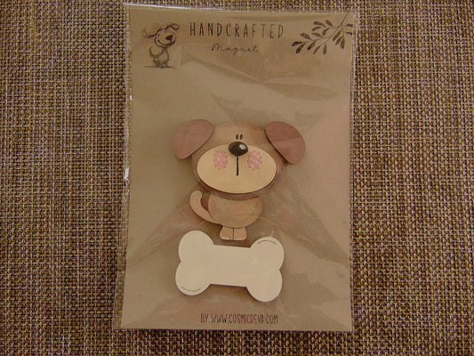 Handcrafted Wooden Dog Magnet with Bone, Cute Puppy Refrigerator Magnet - CosmicDeva