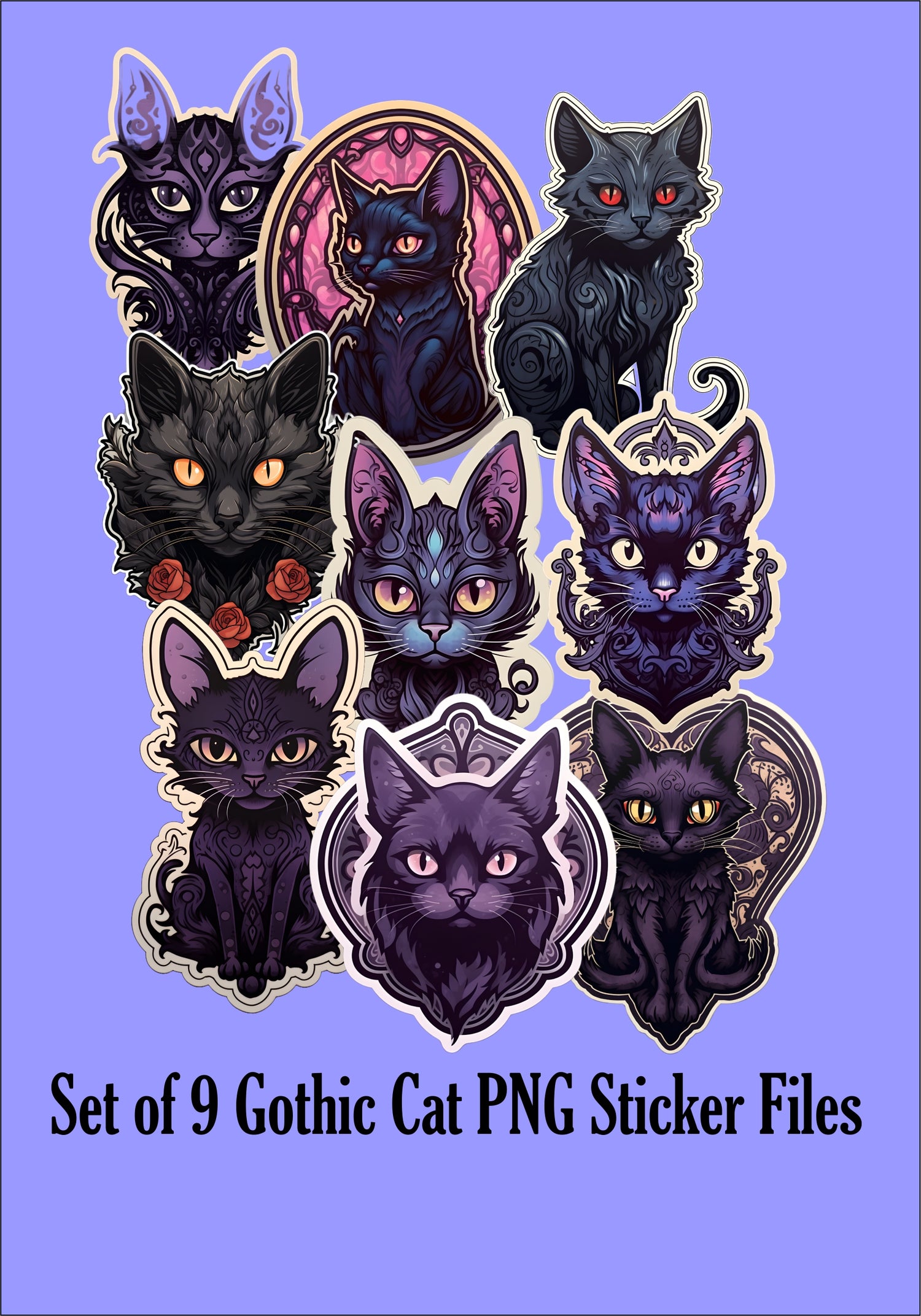 Cute Gothic Cats Kiss-Cut Digital PNG Stickers - CosmicDeva