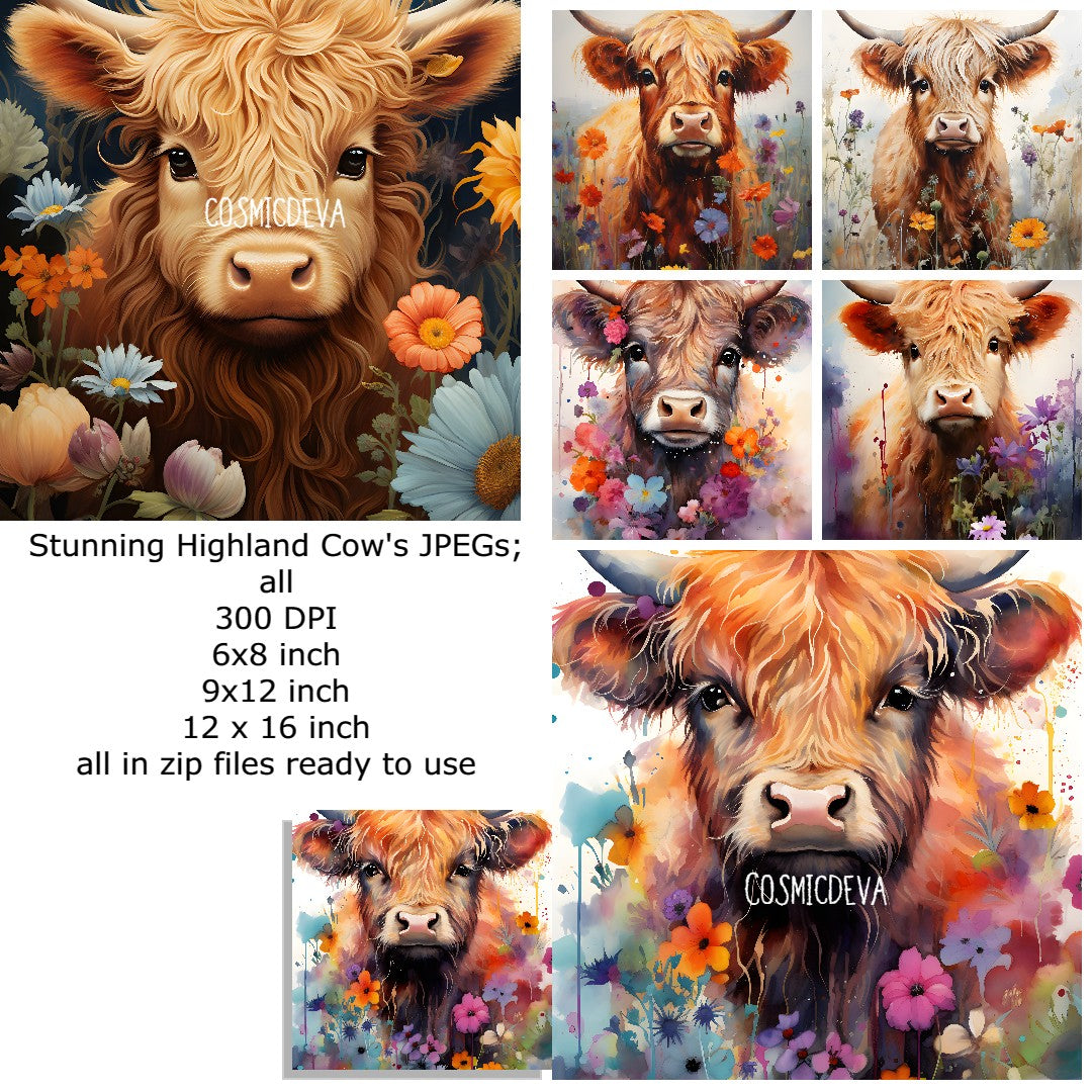 Highland Cow Digital Download JPEGs, Watercolor cow with Flowers, Digital Prints - CosmicDeva