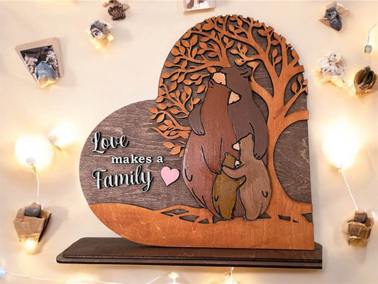 Heart-Shaped Wooden Bear Family Stand - CosmicDeva