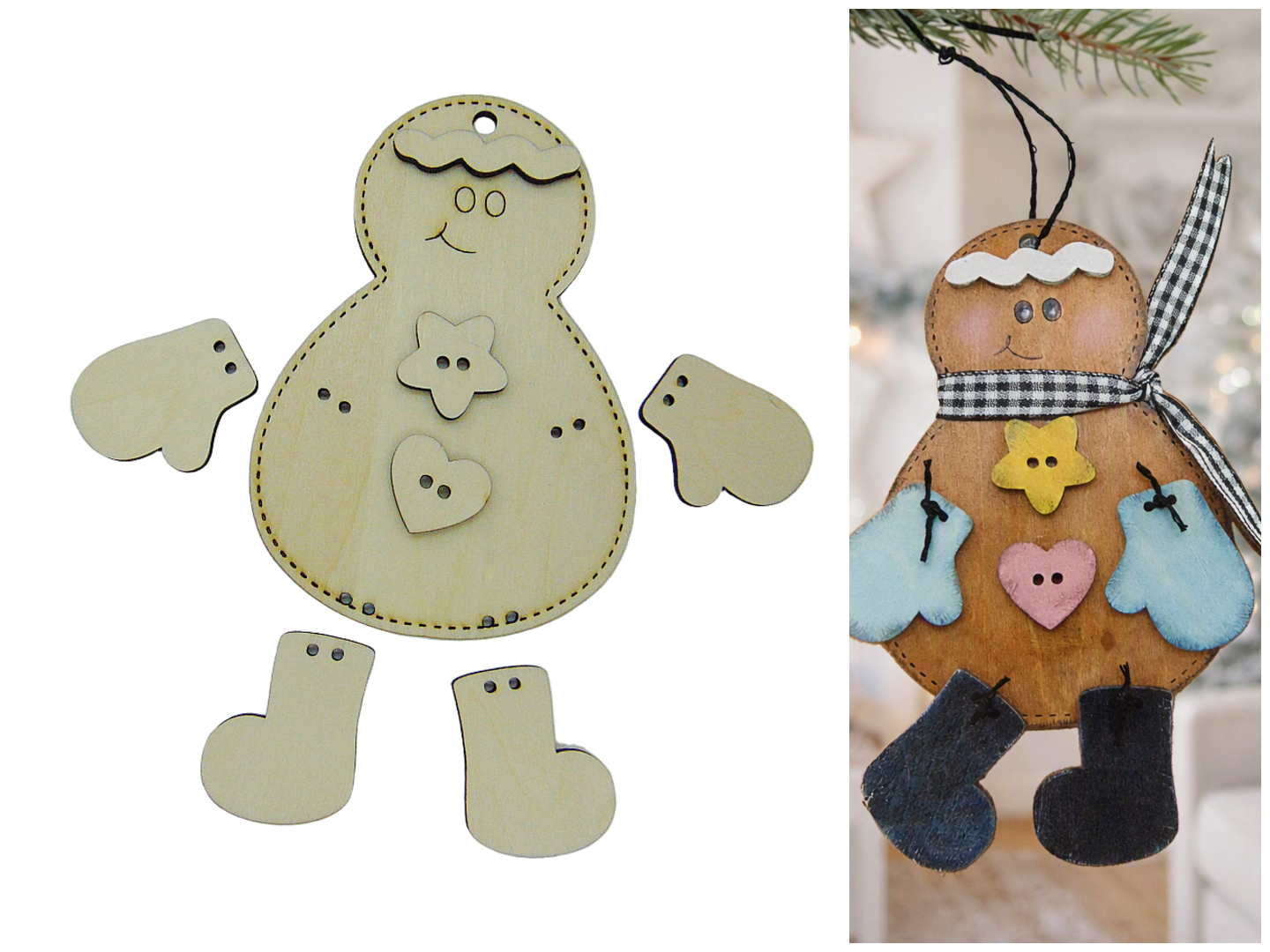 Handmade stitched wooden gingerbread ornament with mitten and checkerboard bow scarf. Cute Christmas tree décor available painted or as a DIY wood kit. Perfect winter holiday gift.