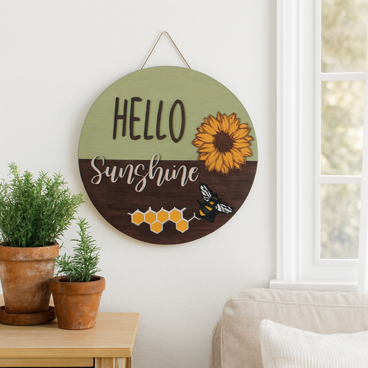 W- 001 Hello Sunshine Sunflower Bee Door Hanger, Wooden Wall Décor Sign - made to order - - CosmicDeva