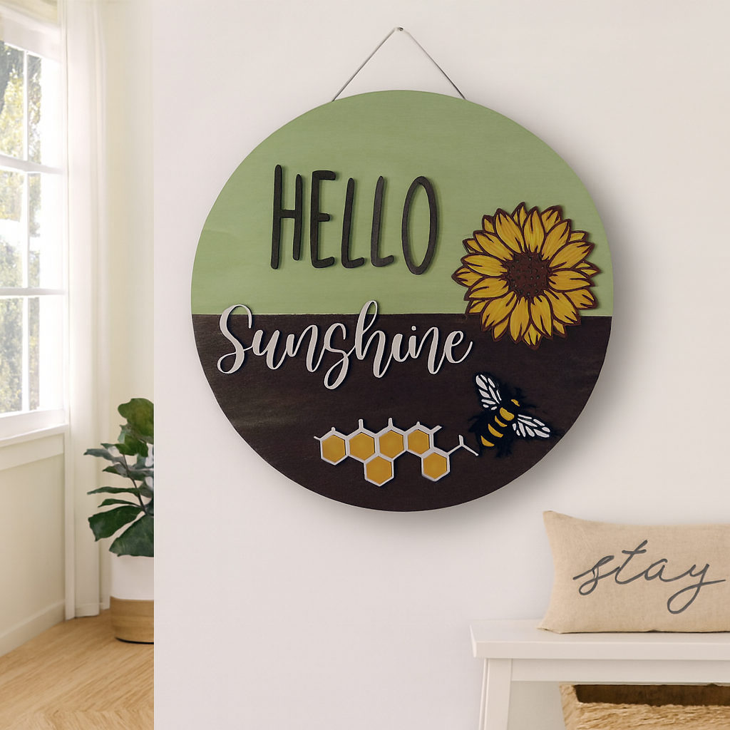 W- 001 Hello Sunshine Sunflower Bee Door Hanger, Wooden Wall Décor Sign - made to order - - CosmicDeva