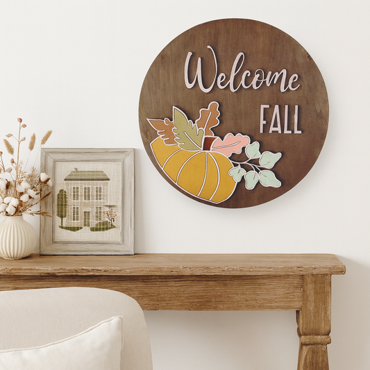 Welcome Fall Pumkin Door Hanger, MADE TO ORDER - Welcome Fall Sign - CosmicDeva