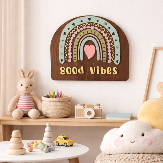 Wooden 3D Good Vibes Rainbow Wall Sign – Inspirational Multicolored Rainbow Décor - CosmicDeva