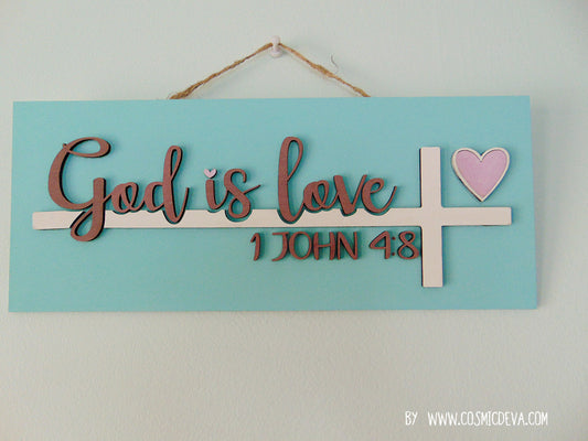 W-022 3D Layered Wooden "God is Love" Wall Sign with Cross and Heart – Inspirational Christian Décor - CosmicDeva