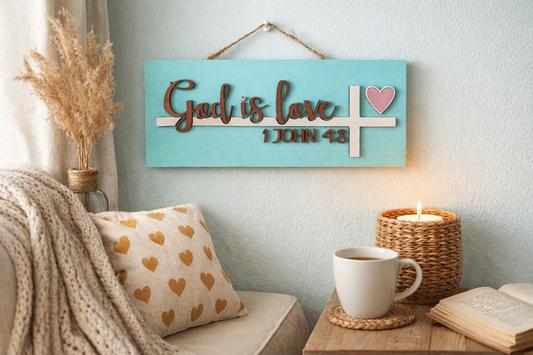 W-022 3D Layered Wooden "God is Love" Wall Sign with Cross and Heart – Inspirational Christian Décor - CosmicDeva