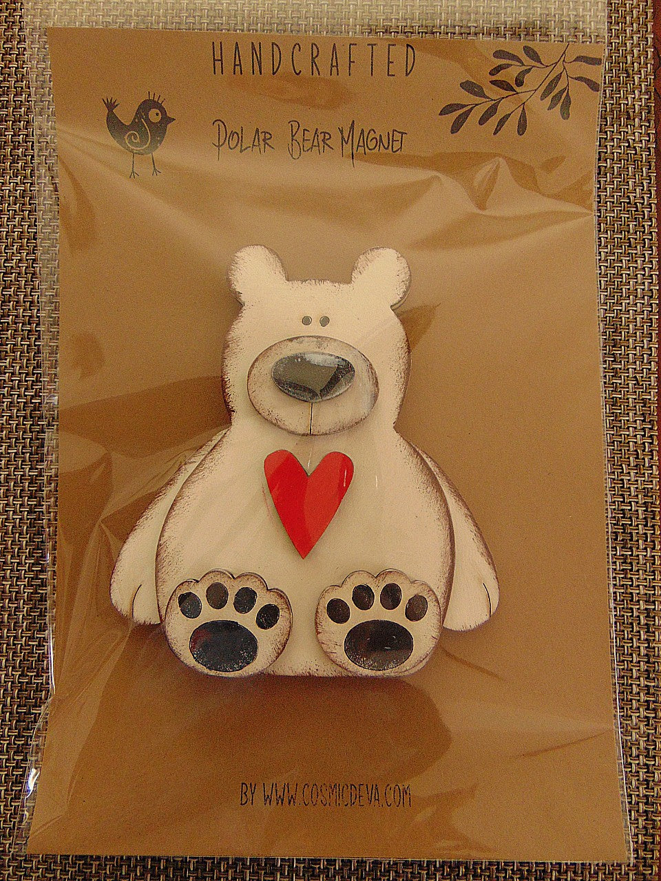 White Sitting Polar Bear with Heart – Handmade Wooden Magnet - CosmicDeva