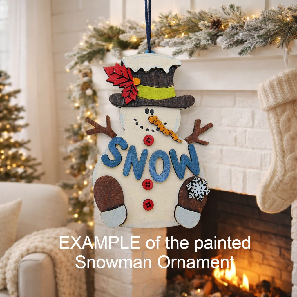 Ready to Paint Snowman Christmas Ornament. Unfinished wood blank perfect for paint parties, family crafts, and DIY holiday décor. Easy to customize and ideal for kids and adults.