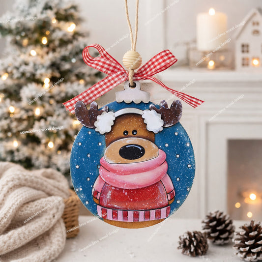 Hand painted Moose Sweater Scarf Ornament featuring a cozy winter moose in a layered birchwood design. Perfect for Christmas trees, woodland décor, gift tags, and festive holiday decorating.