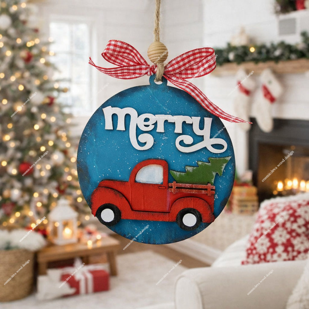 Hand Painted Wooden Red Pickup Truck Christmas Ornament - CosmicDeva