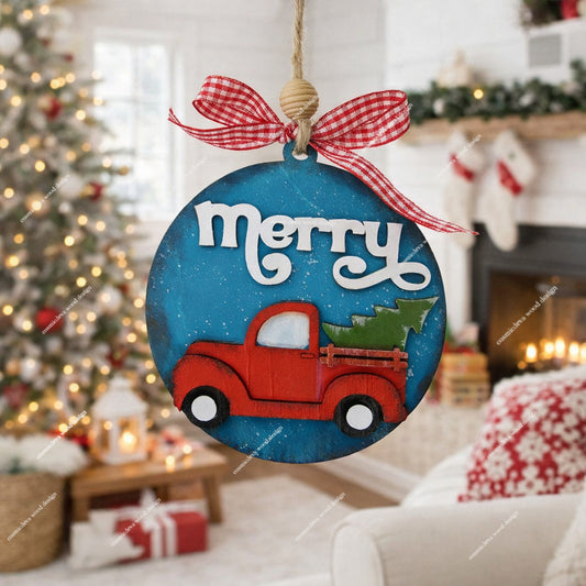 Hand Painted Wooden Red Pickup Truck Christmas Ornament - CosmicDeva