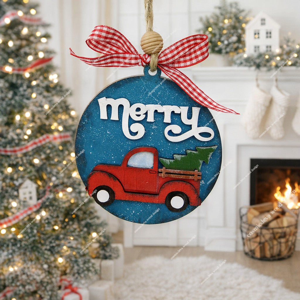 Hand Painted Wooden Red Pickup Truck Christmas Ornament - CosmicDeva