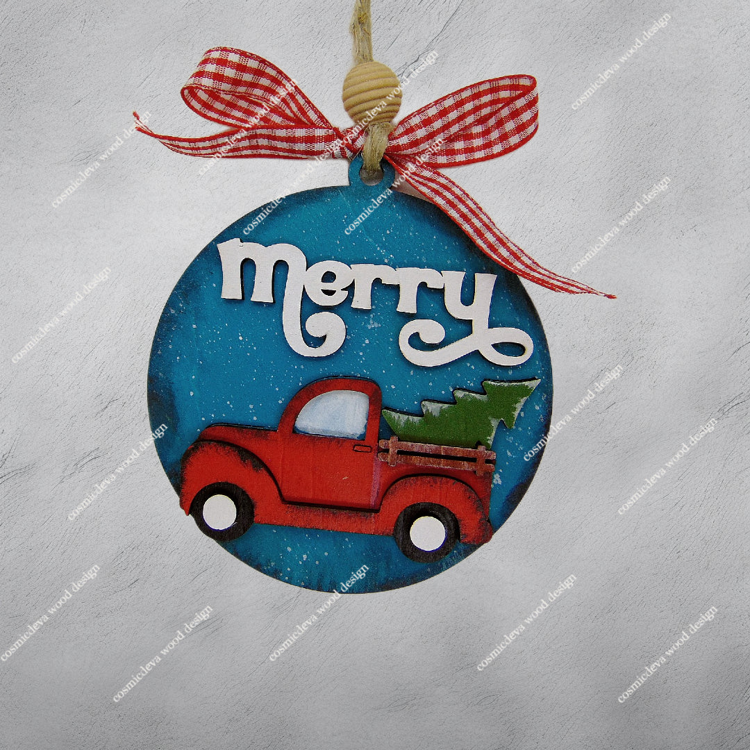 Hand Painted Wooden Red Pickup Truck Christmas Ornament - CosmicDeva
