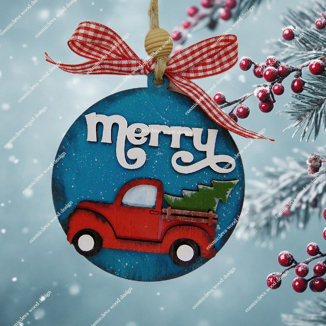 Hand Painted Wooden Red Pickup Truck Christmas Ornament - CosmicDeva