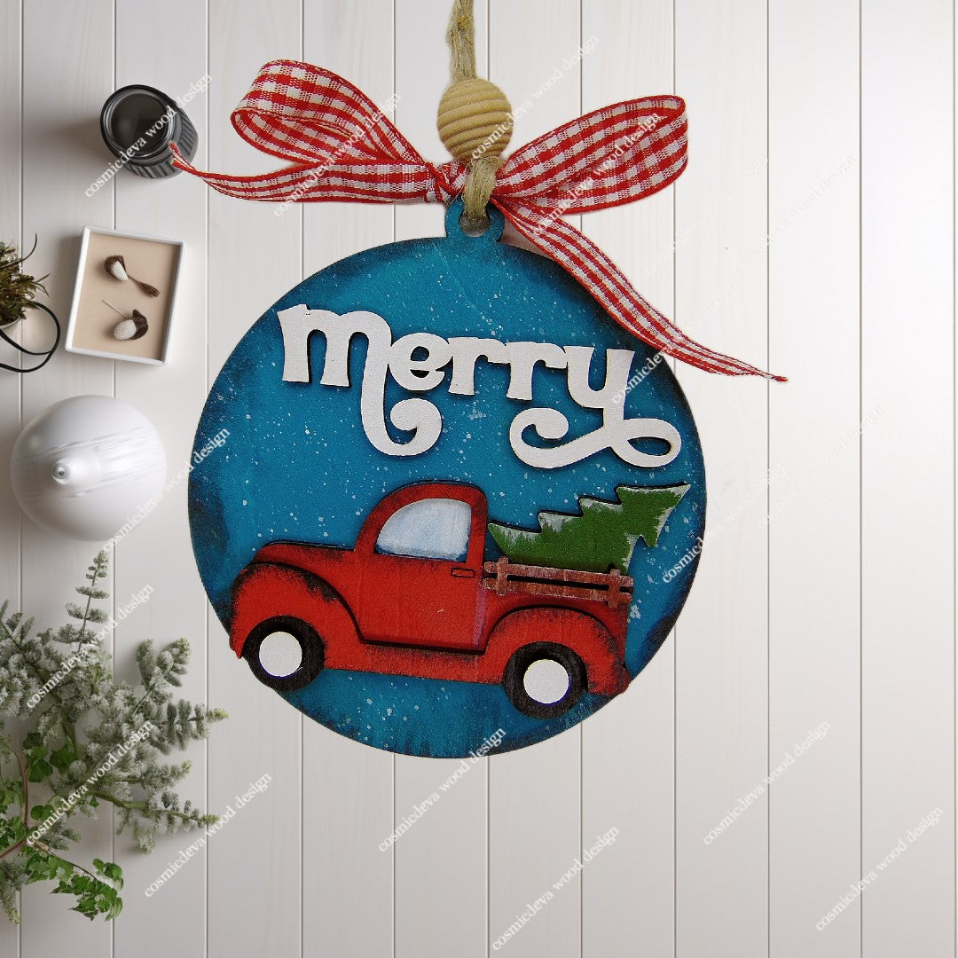 Hand Painted Wooden Red Pickup Truck Christmas Ornament - CosmicDeva