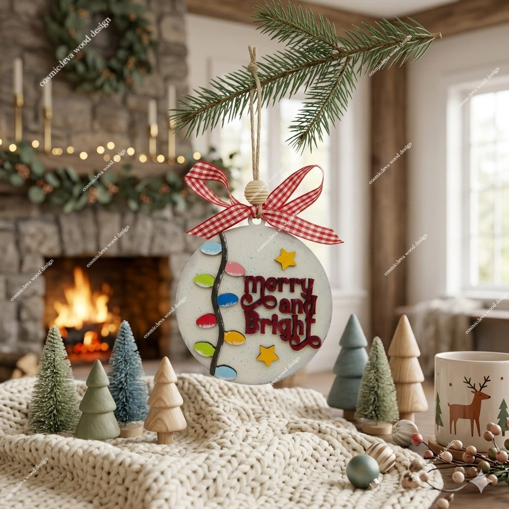 Hand painted layered birch wood Christmas ornament featuring fairy lights, stars, and “Merry & Bright” text. Rustic jute cord, handmade bow, and gift ready packaging. Lightweight, durable holiday décor.