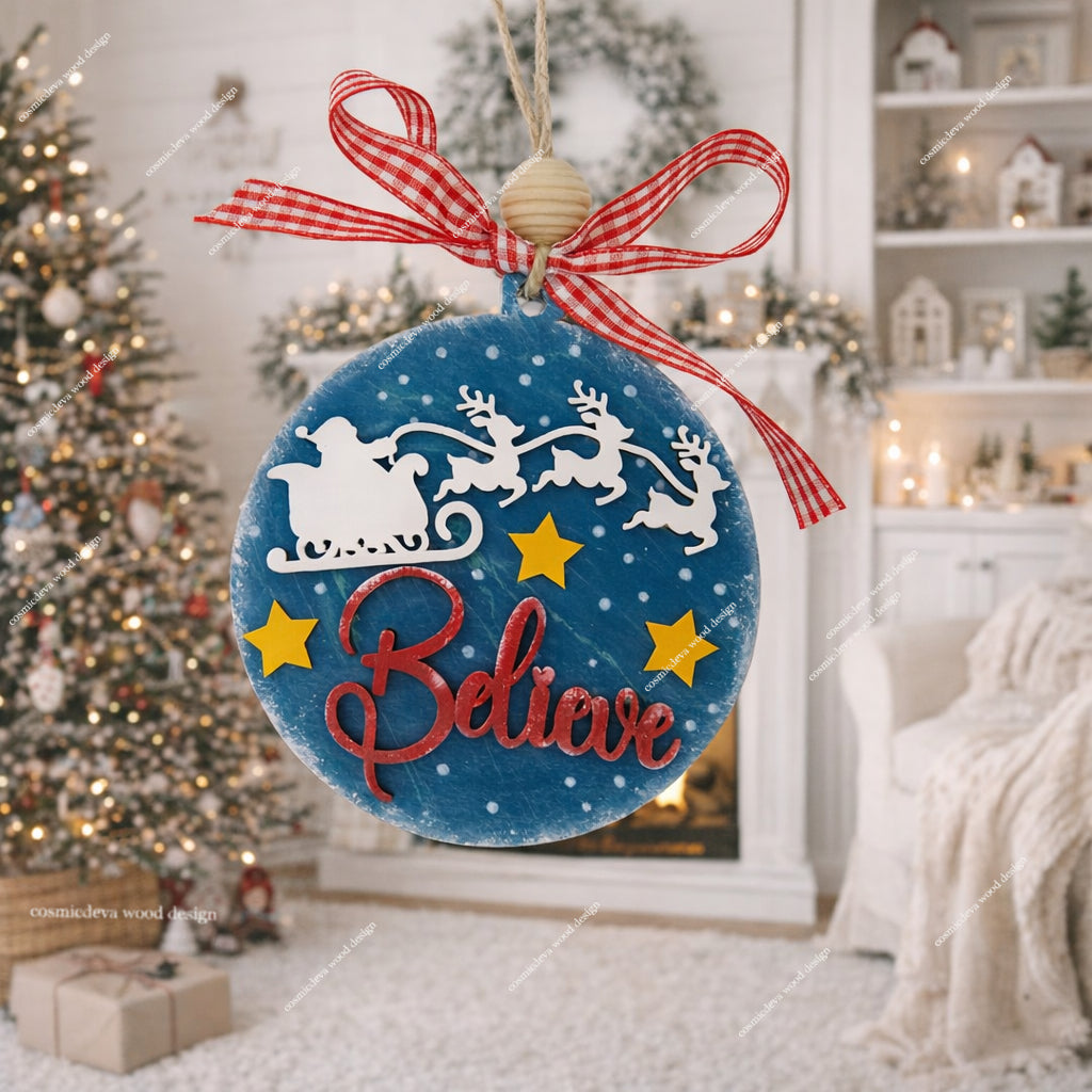 Celebrate the magic with a "Believe" Santa Sleigh wooden ornament. Hand-painted, 3D layered birch wood design with a polished, double-sided finish. Shop unique handmade holiday decor!