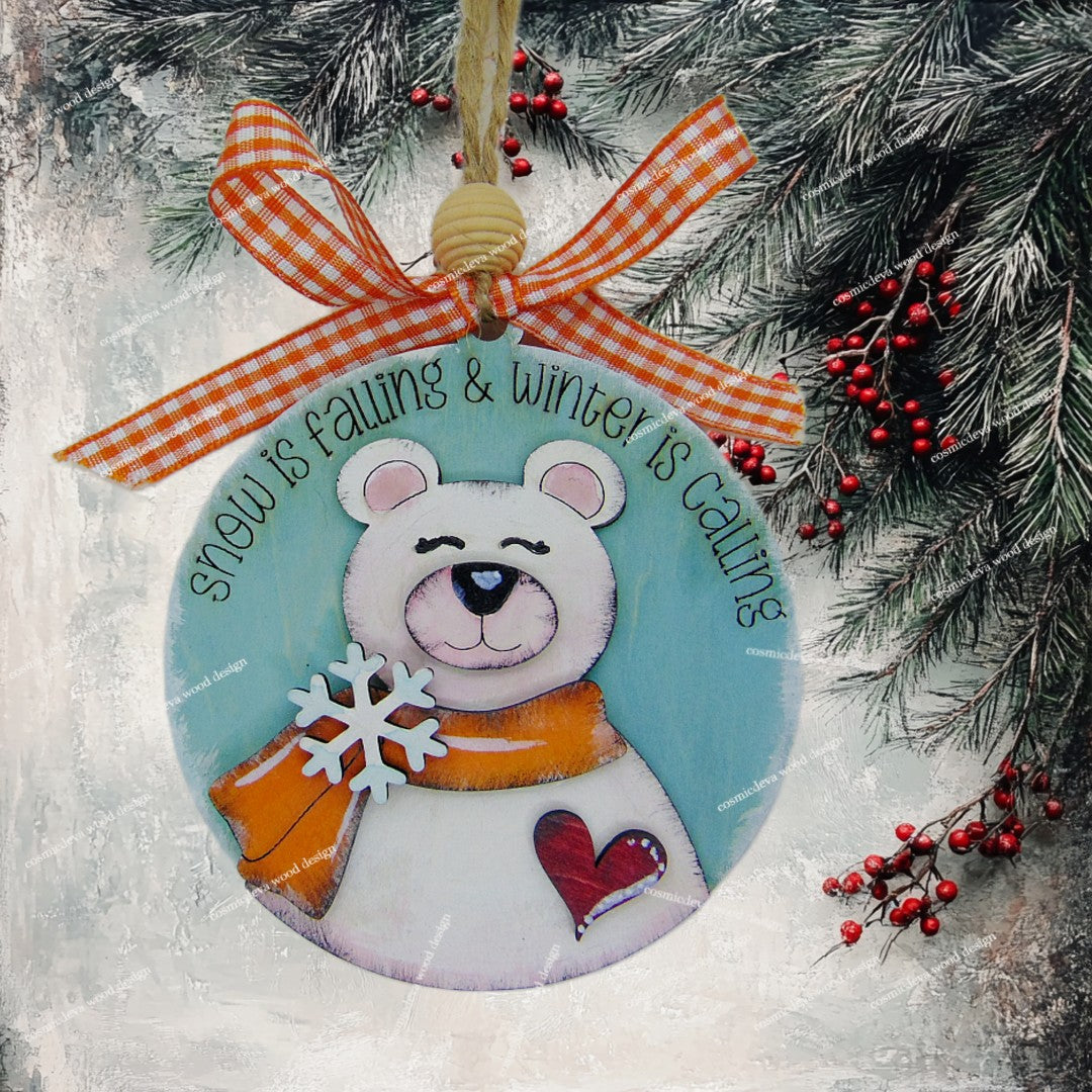 Find the perfect hand-painted polar bear Christmas ornament. Made from 3mm birchwood, this layered winter keepsake is ideal for holiday gifting and whimsical tree decor.