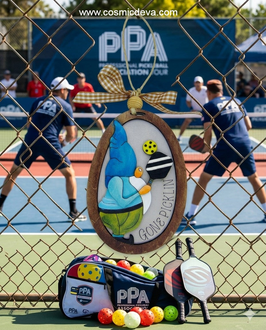 Hand painted 3D Pickleball Gnome Ornament with blue cap. Layered birch wood décor for year round pickleball lovers. Great gift for players, coaches, and fans.
