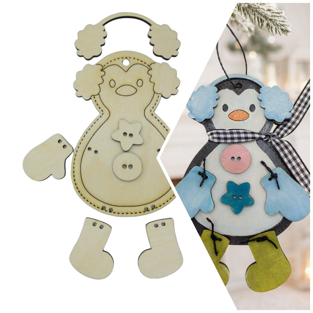 Handmade stitched wooden penguin ornament with mitten and checkerboard bow scarf. Cozy hand painted Christmas décor or DIY unfinished wood kit. Perfect for trees, stockings, and unique holiday gifts.