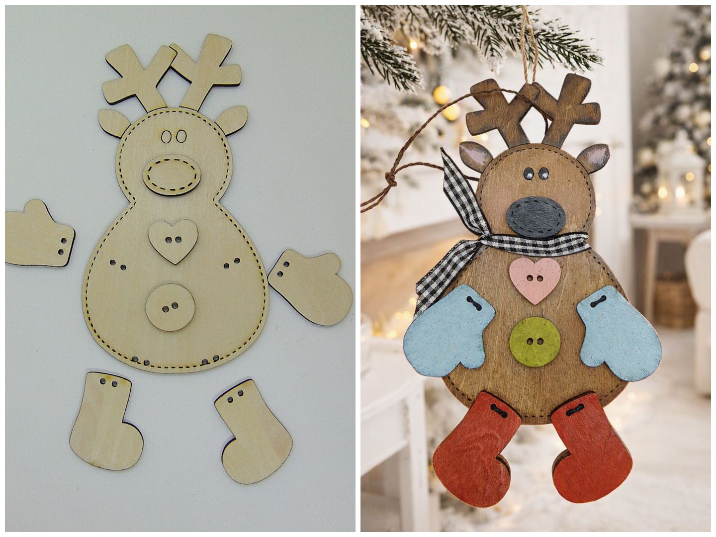 Handmade stitched wooden reindeer ornament with mitten and checkerboard bow scarf. Cute Christmas tree décor, winter holiday gift, hand painted layered wood ornament for festive decorating.