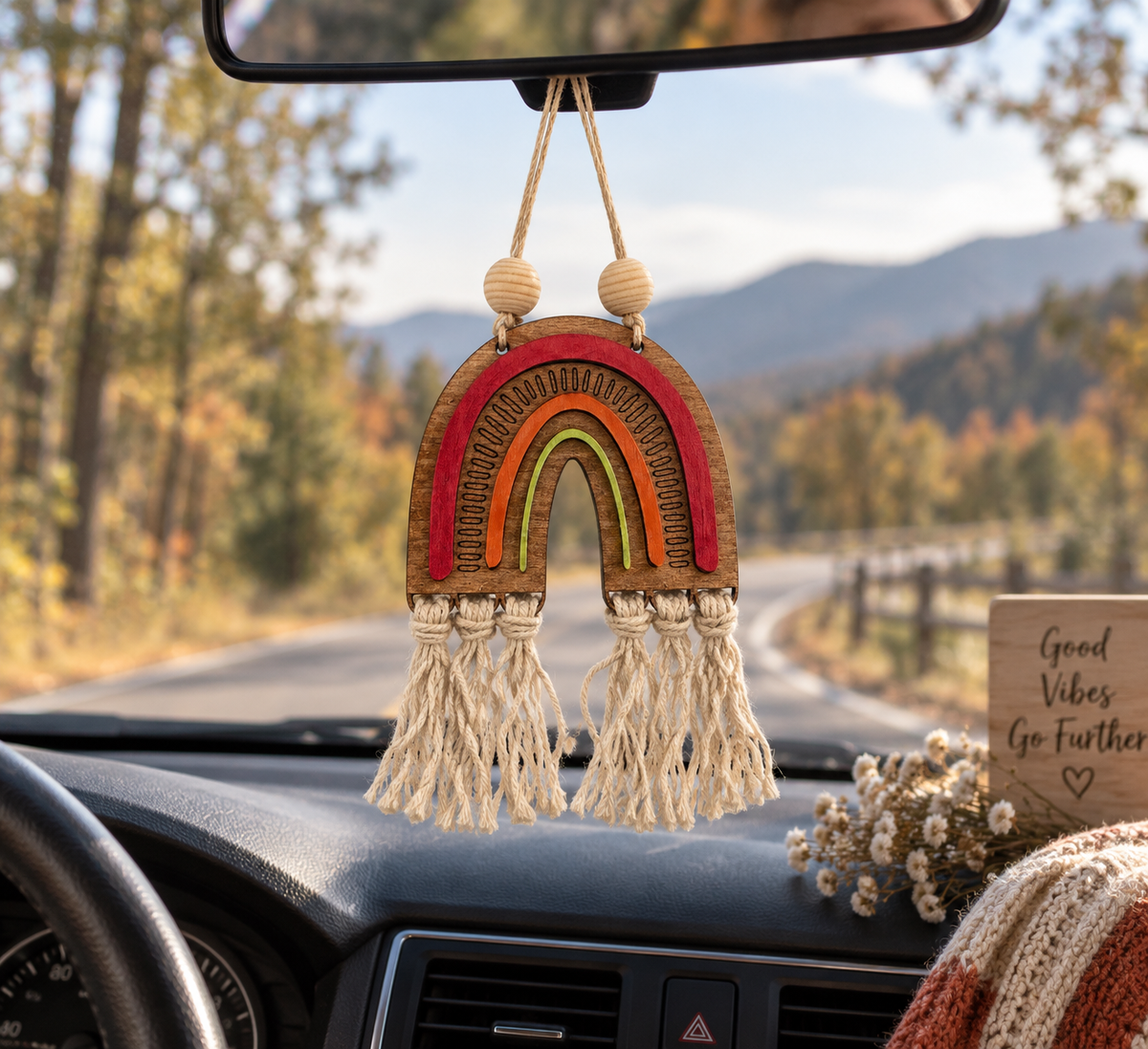 Handmade boho rainbow car charm with layered birch wood, macramé tassels and inspirational back engraving. Choose 3 colors or a DIY kit. Made By Cosmicdeva design