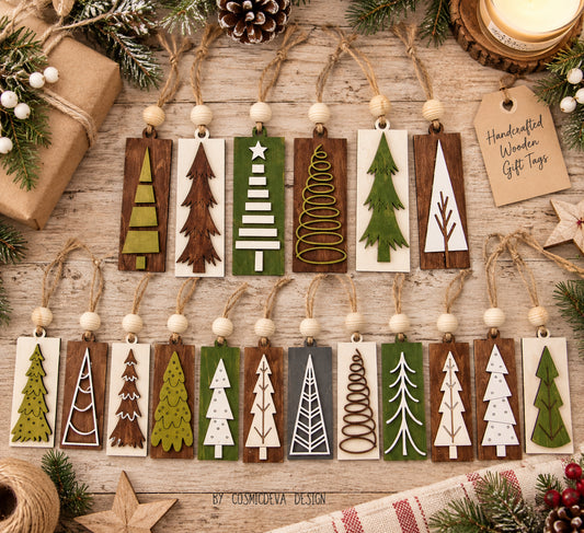 Personalized wooden Christmas stocking tags and ornaments, handmade from Baltic birch. Rustic name tags for stockings, gifts, wine bottles and holiday décor. By Cosmicdeva