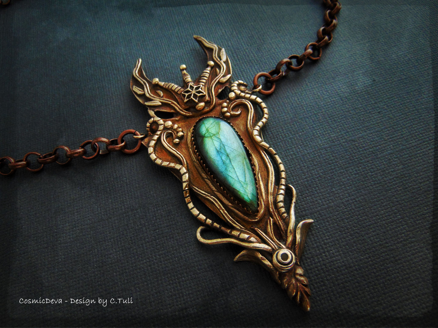 reserved !!! Handcrafted Bronze Pendant Flashy Labradorite – Queen Of The Night, Statement Necklace, One Of A Kind - CosmicDeva