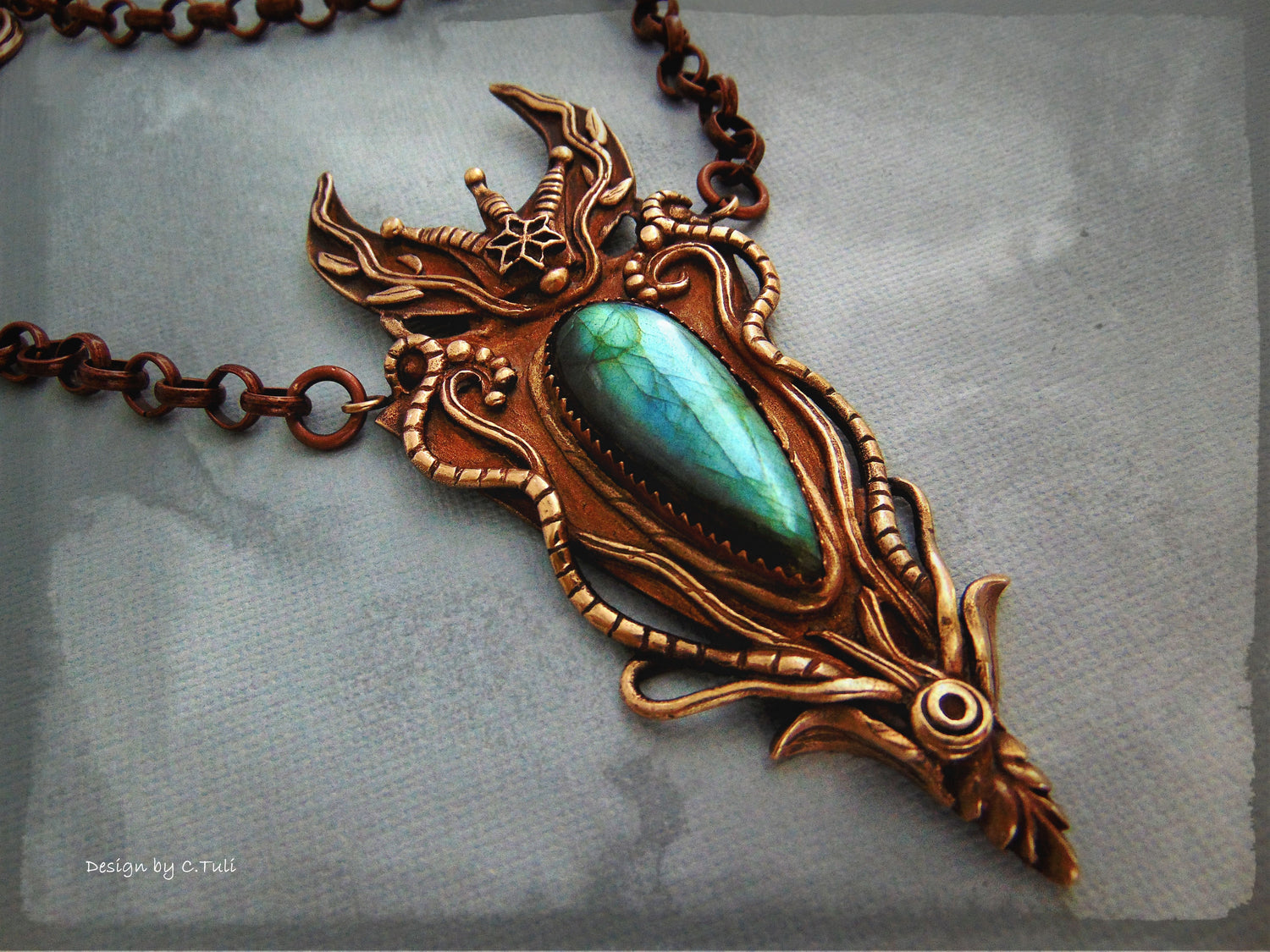 reserved !!! Handcrafted Bronze Pendant Flashy Labradorite – Queen Of The Night, Statement Necklace, One Of A Kind - CosmicDeva